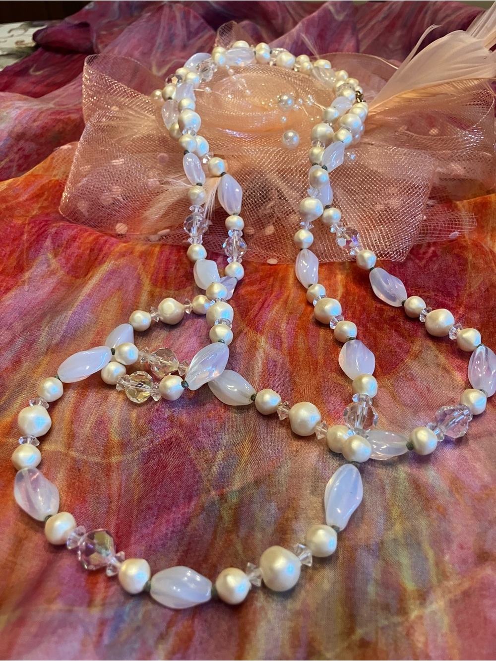 ARTISAN DESIGNED OPALINE GLASS AND FACETED AUSTRIAN CRYSTALS 52” TOTAL LENGTH